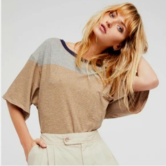 We The Free People Shirt Womens Small Gray Oversized Crop Boxy Stripe Girl Crush - Picture 3 of 12